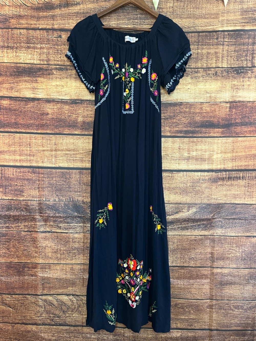 Back From Bali Traditional Mexican Off-Shoulder Navy Embroidered Maxi Dress - Picture 2 of 7